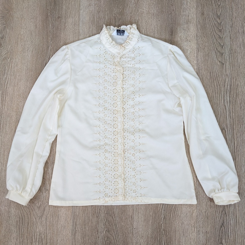 Vintage 70s Cream Eyelet Lace Victorian Blouse‎ Medium Puff Sleeve Cottagecore